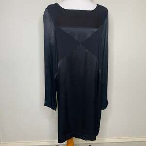 Line & Dot Black Shift Dress Diagonal Satin Flat Contrast Design Sz Large